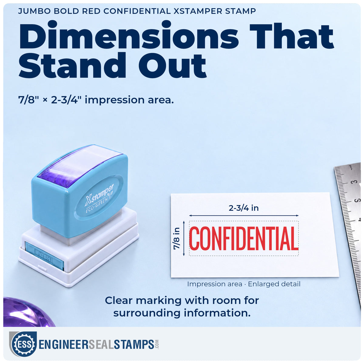 Impression size guide: the "Confidential" imprint measures Approximately 7/8 in tall x 2-3/4 in wide
