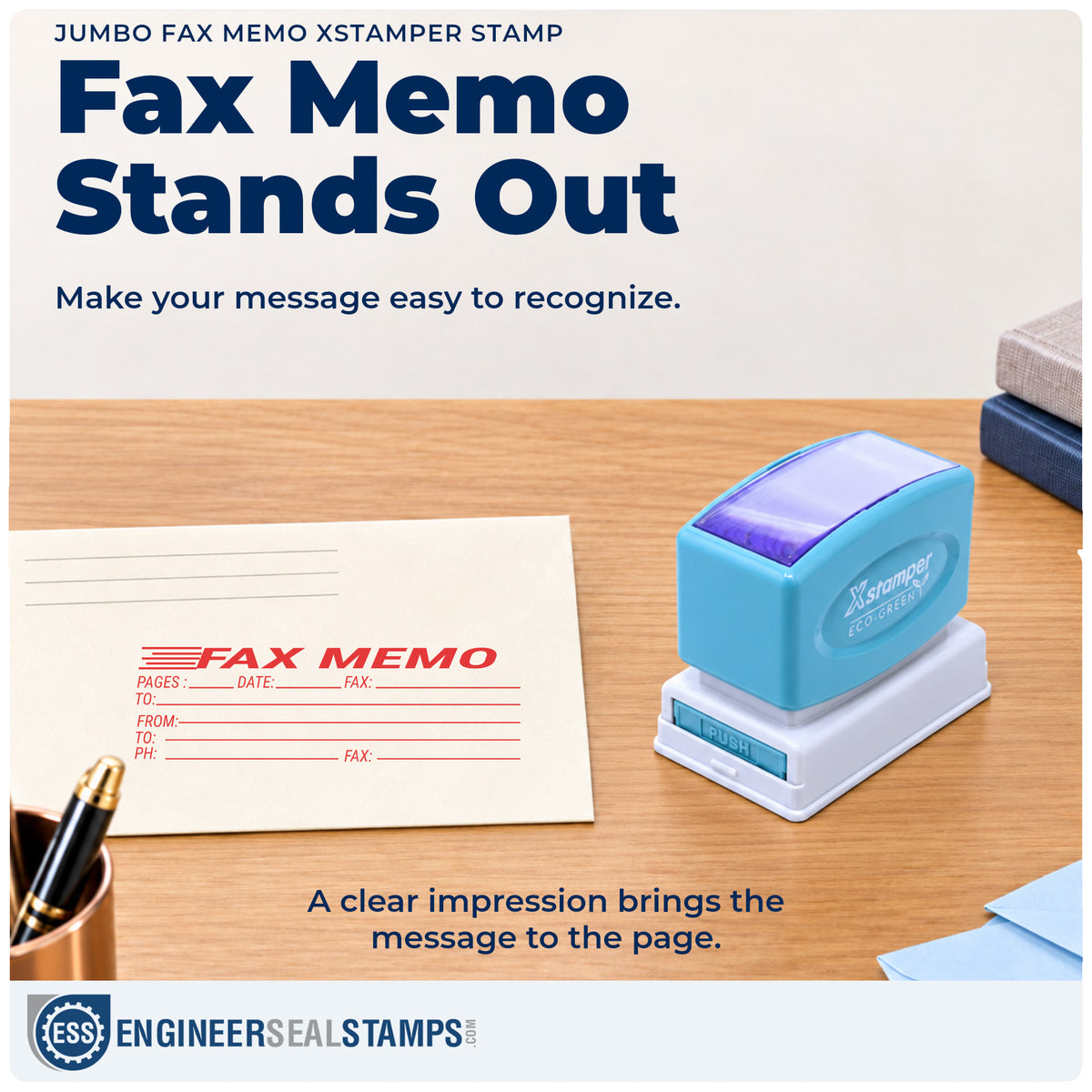 "Fax memo" imprint on office paperwork beside the Fax Memo Office Stamp – Jumbo Pre-Inked Xstamper