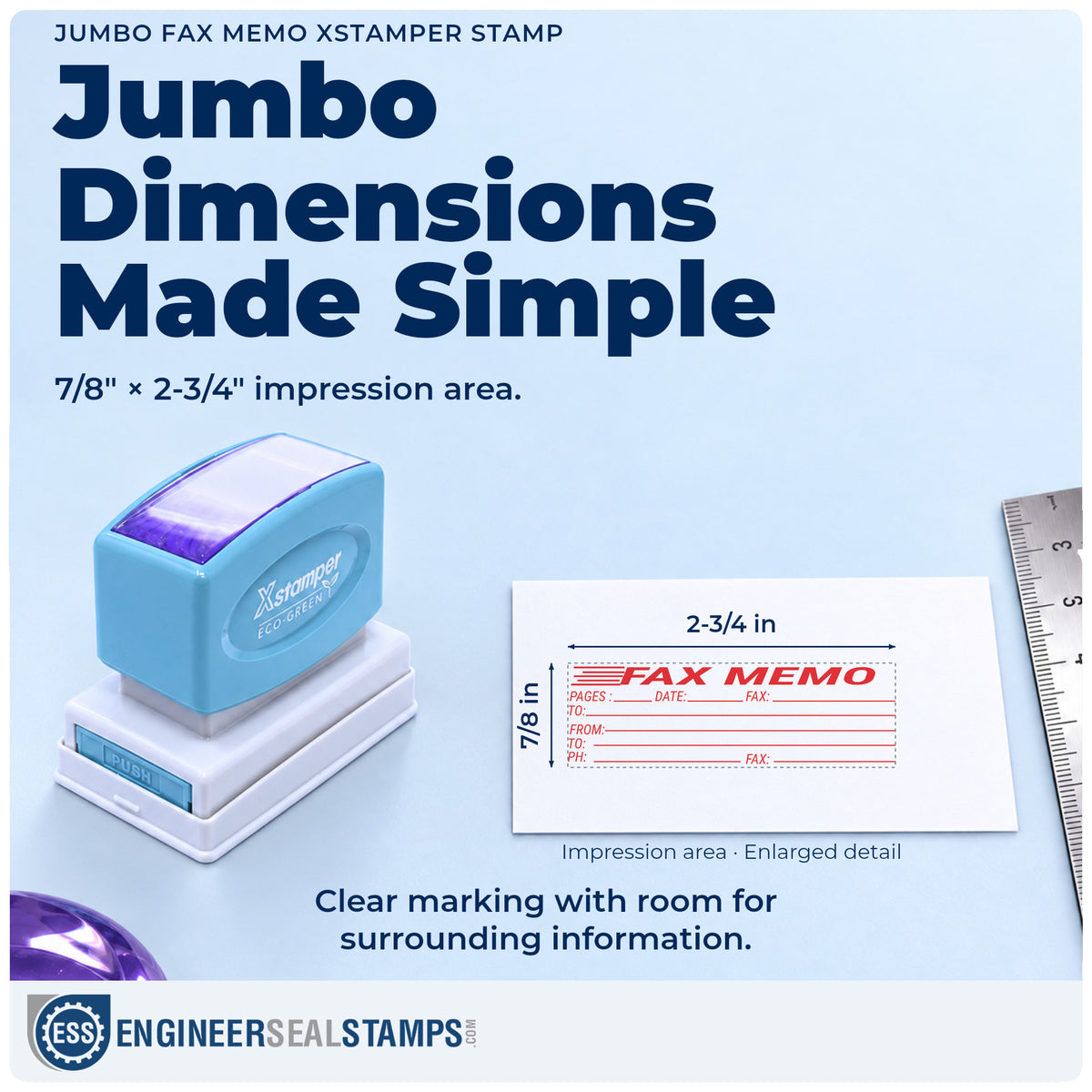 Impression size guide: the "Fax memo" imprint measures Approximately 7/8 in tall x 2-3/4 in wide
