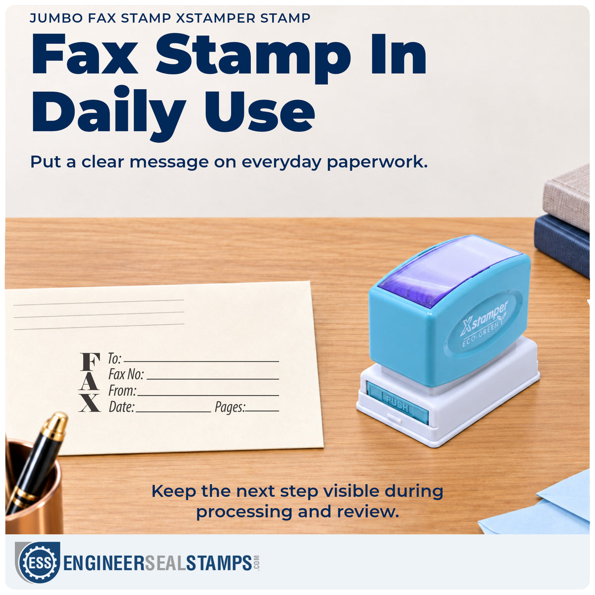 "Fax stamp" stamp being pressed onto a document during everyday filing