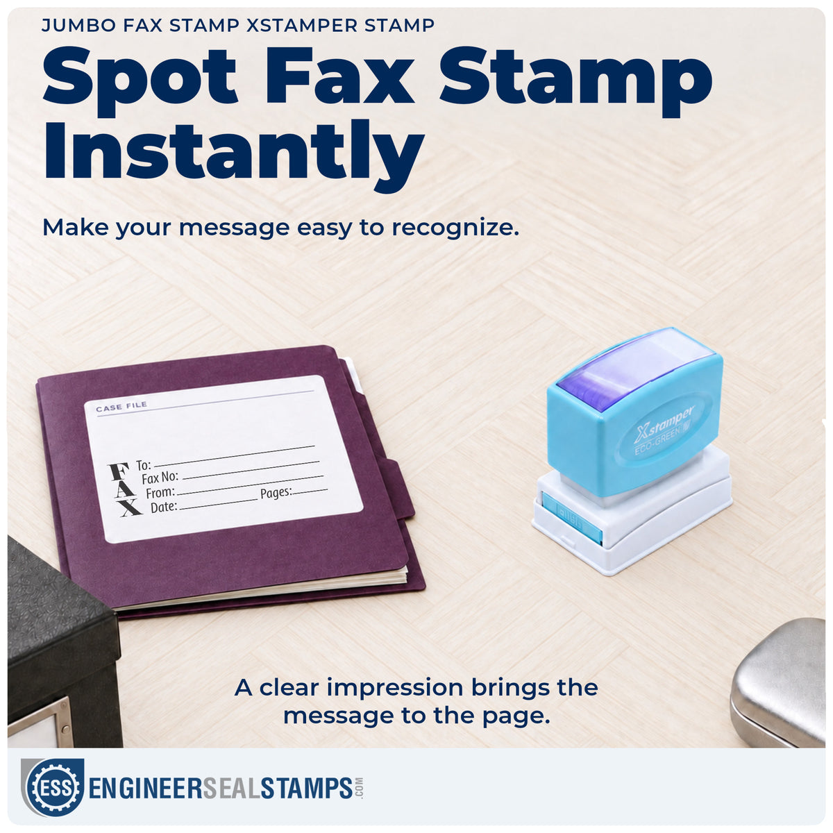 "Fax stamp" imprint on office paperwork beside the Fax Stamp For Office Documents – Jumbo Pre-Inked Xstamper