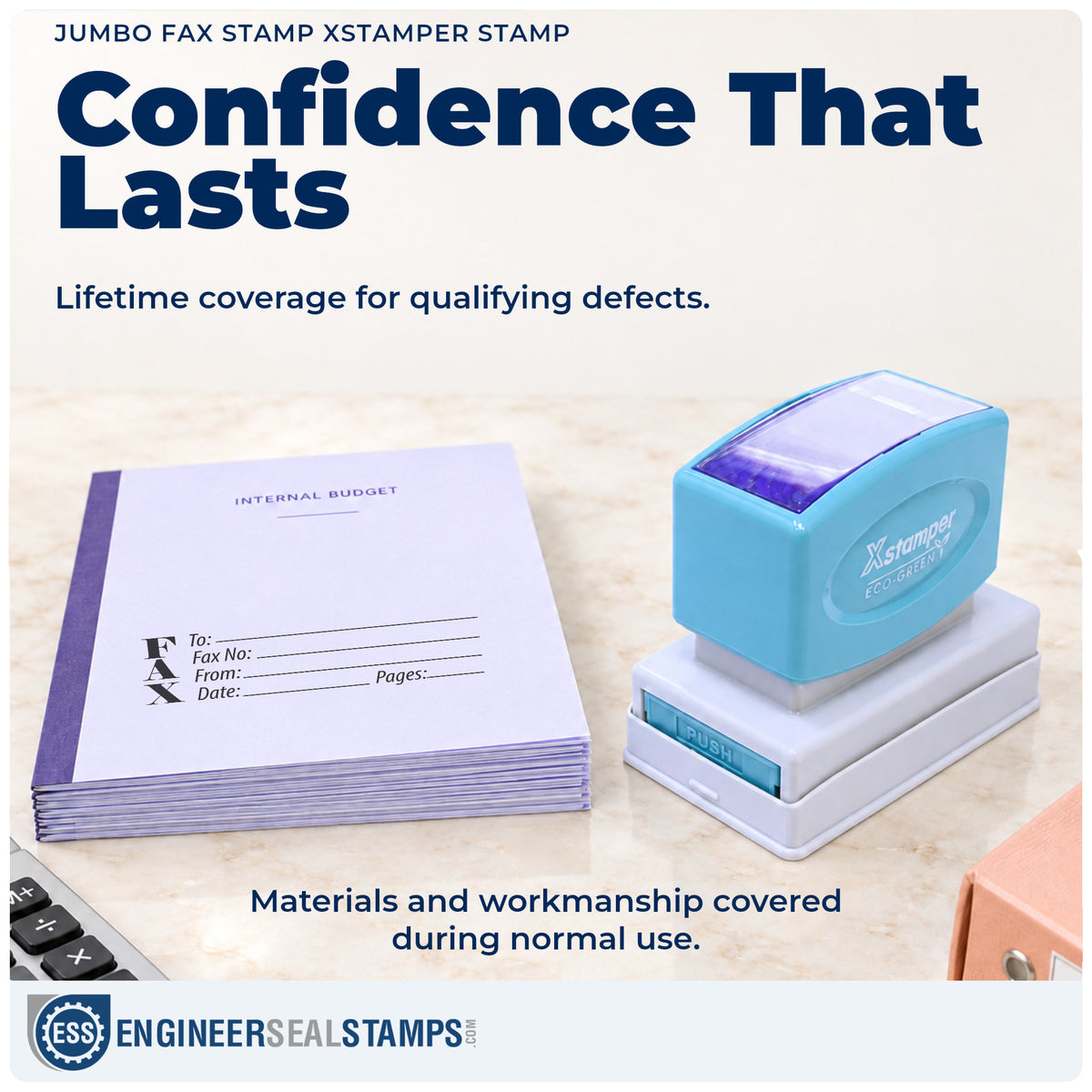 Lifetime guarantee coverage on the "Fax stamp" Xstamper pre-inked stamp