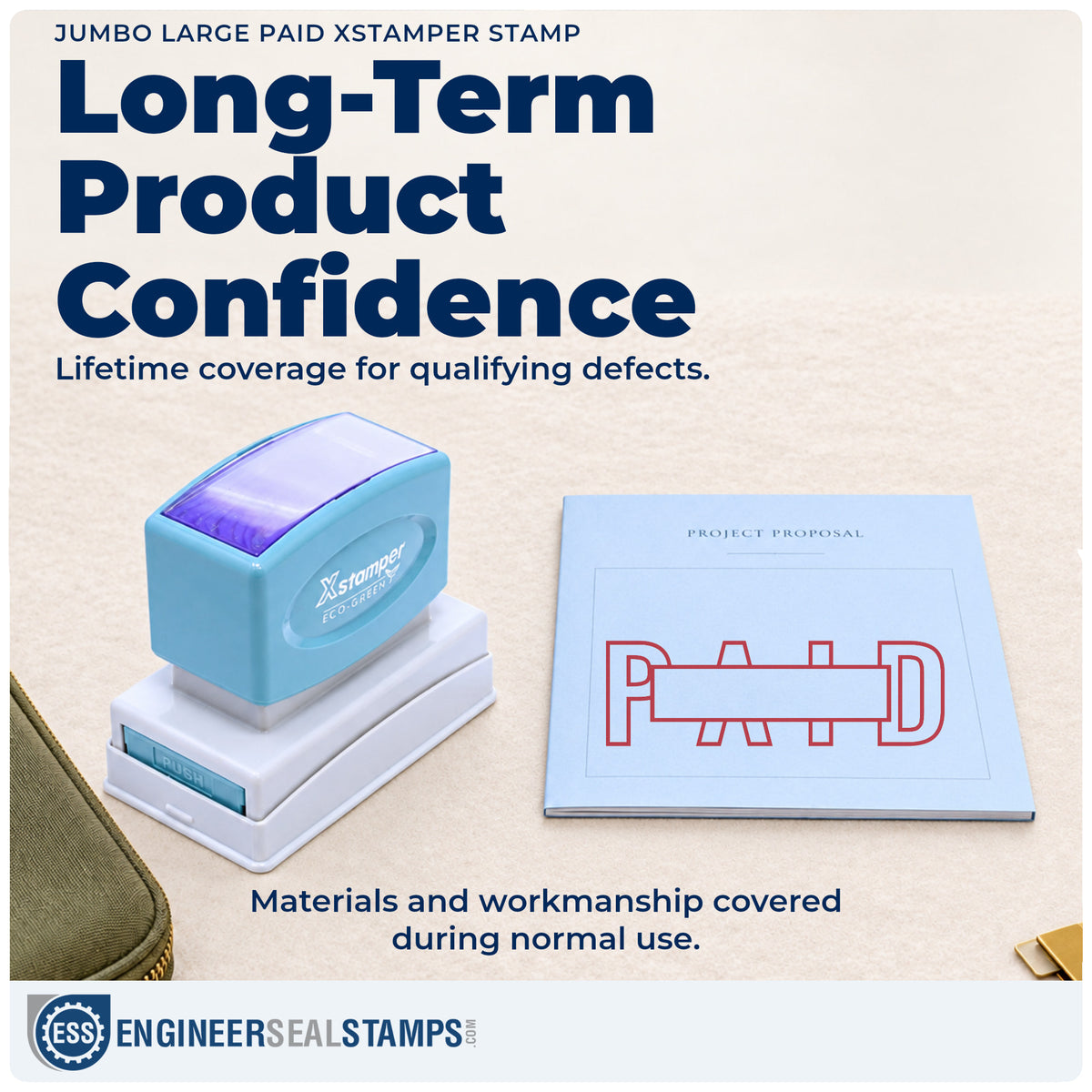 Lifetime guarantee coverage on the "Paid" Xstamper pre-inked stamp