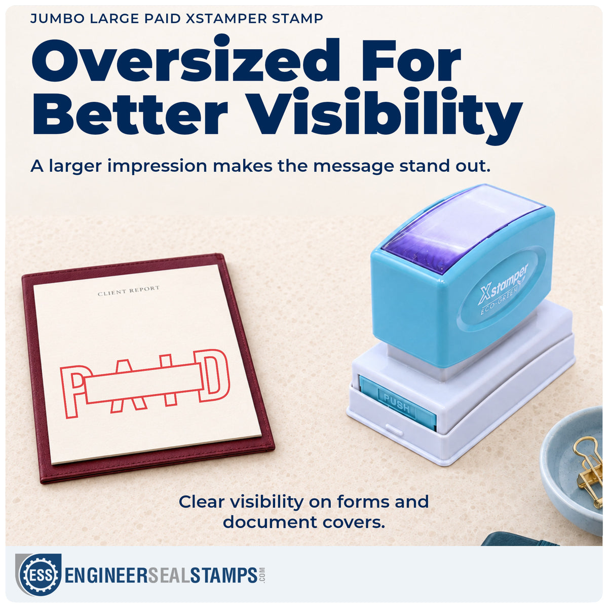 Features of the "Paid" Xstamper No. 3231 pre-inked stamp