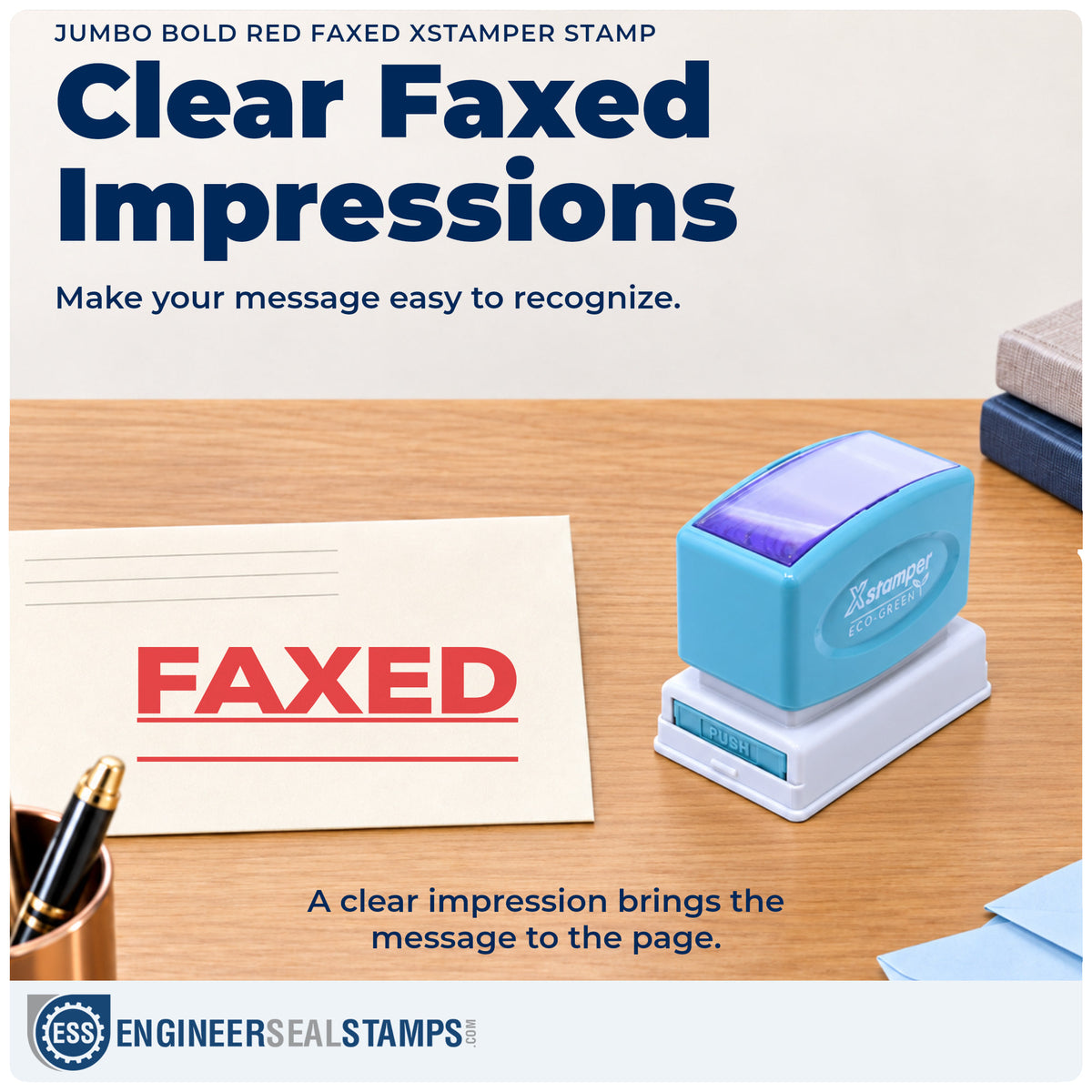 "Faxed" imprint on office paperwork beside the Faxed Stamp – Jumbo Bold Red Pre-Inked Xstamper