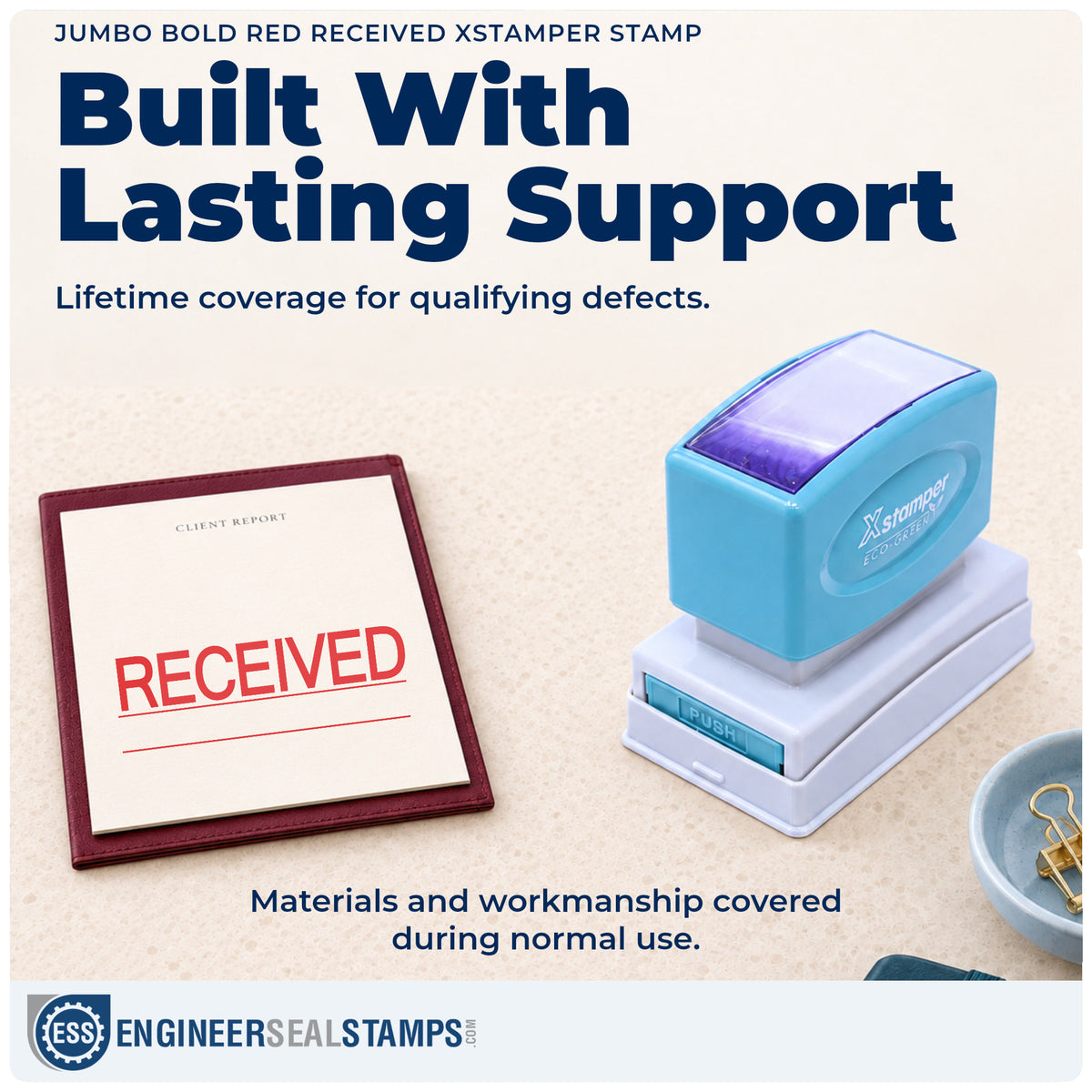 Lifetime guarantee coverage on the "Received" Xstamper pre-inked stamp