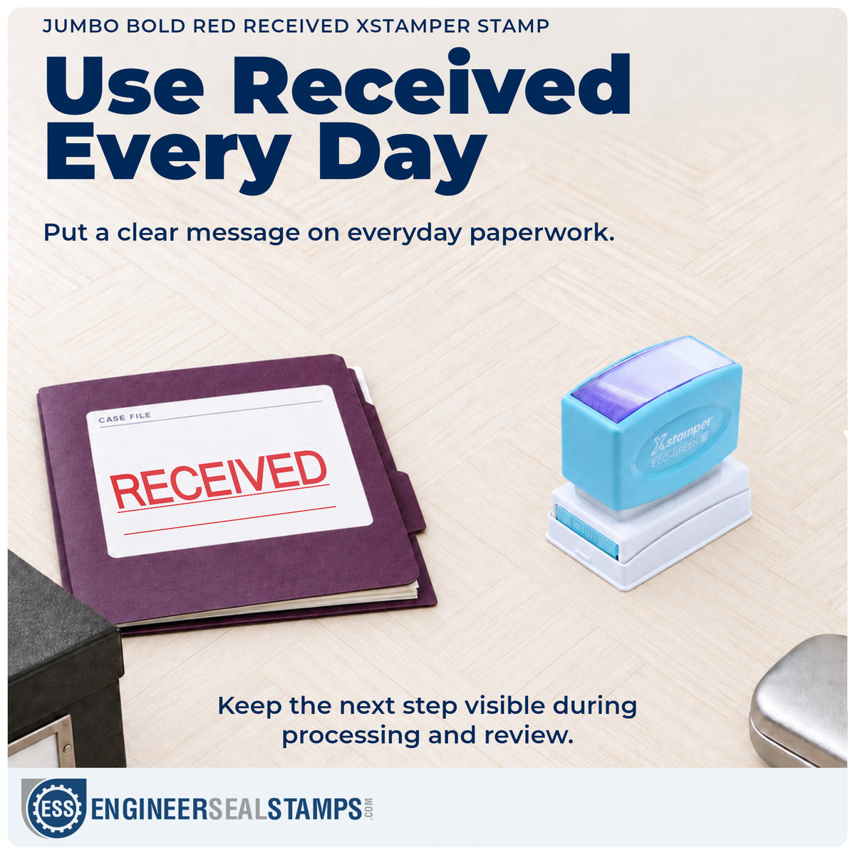 "Received" stamp being pressed onto a document during everyday filing