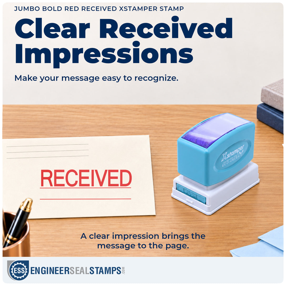 "Received" imprint on office paperwork beside the Jumbo Bold Red Received Stamp – Pre-Inked Xstamper