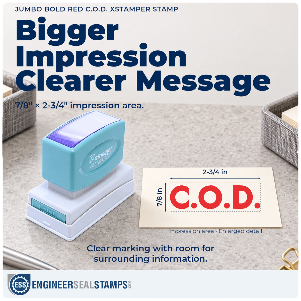 Impression size guide: the "C.O.D." imprint measures 7/8 x 2-3/4 in