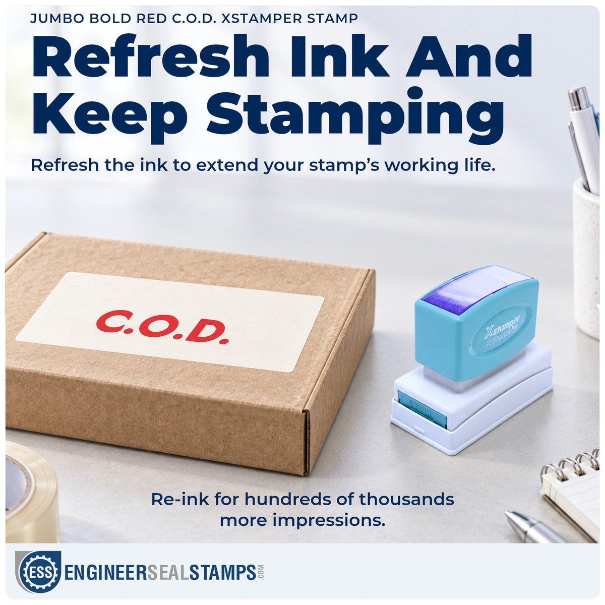 Re-inkable "C.O.D." stamp built for thousands of repeat impressions