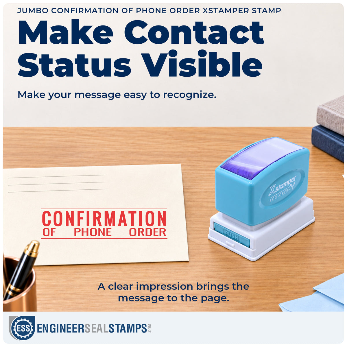 "Confirmation of phone order" imprint on office paperwork beside the Jumbo Confirmation Of Phone Order Stamp – Pre-Inked Xstamper