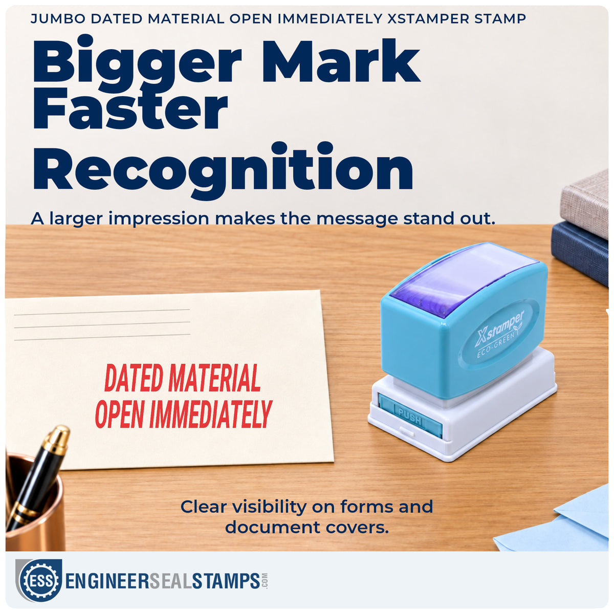 Features of the "Dated material open immediately" Xstamper No. 3247 pre-inked stamp