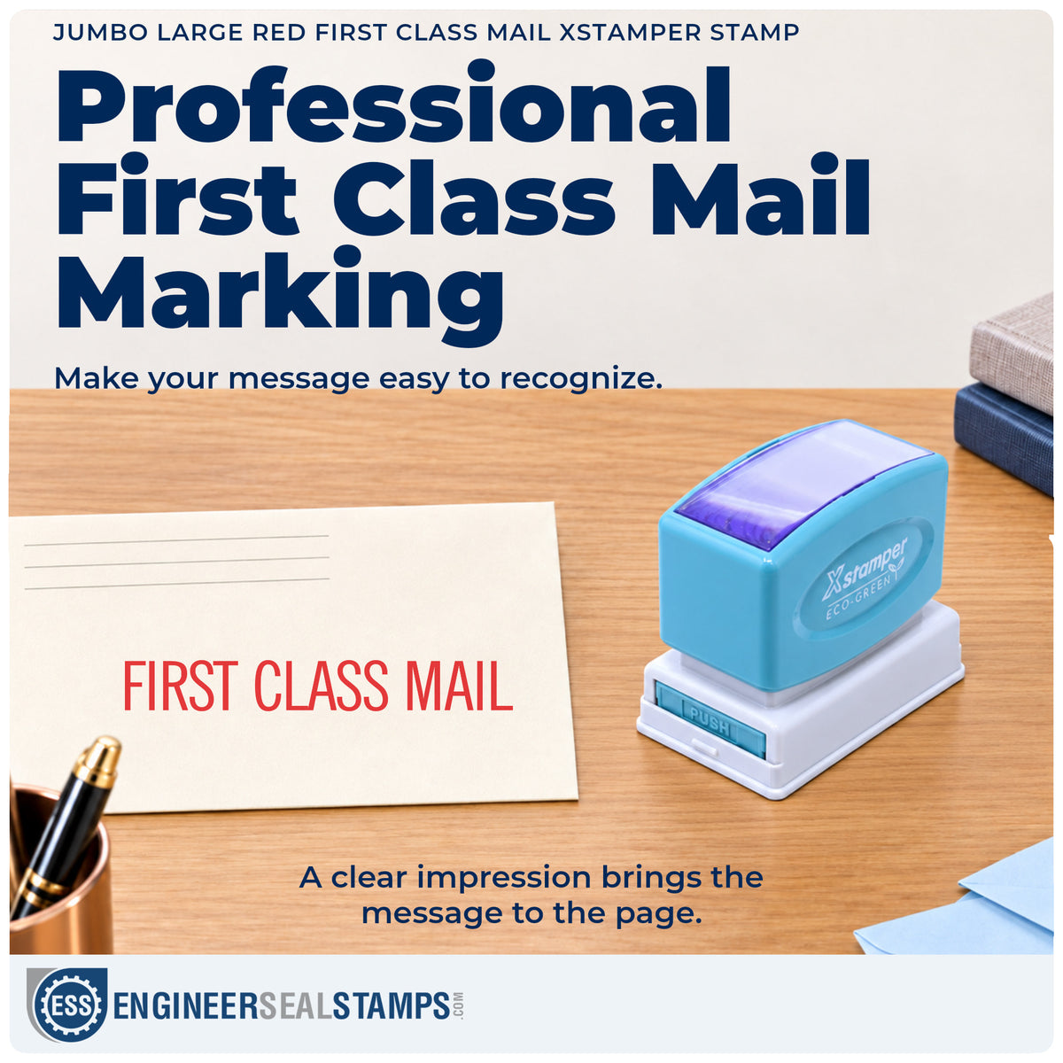 "First class mail" imprint on office paperwork beside the Jumbo Red First Class Mail Stamp – Pre-Inked Xstamper