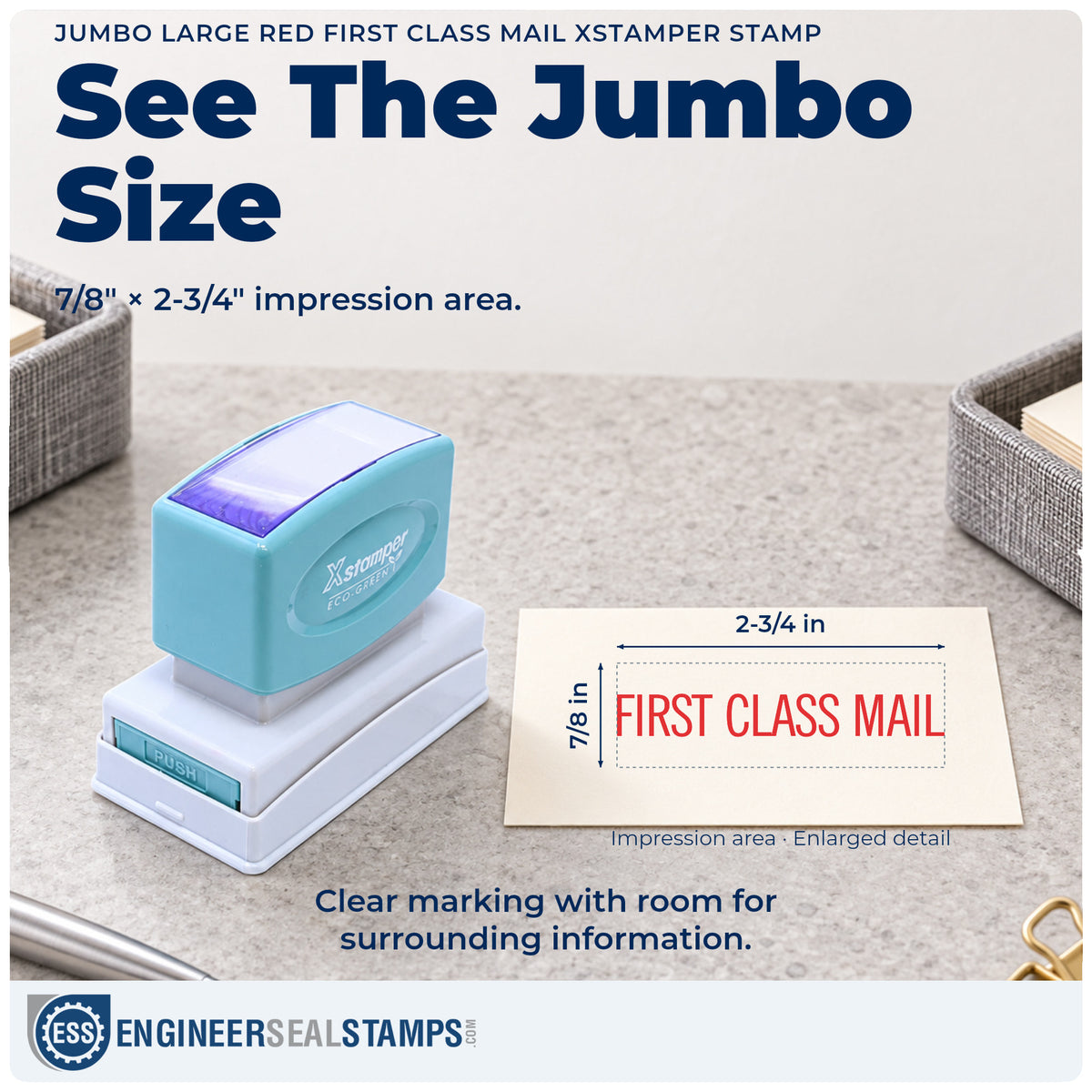 Impression size guide: the "First class mail" imprint measures Approximately 7/8 in tall x 2-3/4 in wide