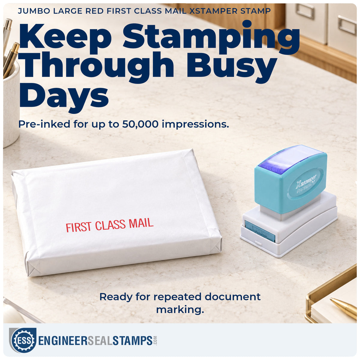 Re-inkable "First class mail" stamp built for thousands of repeat impressions