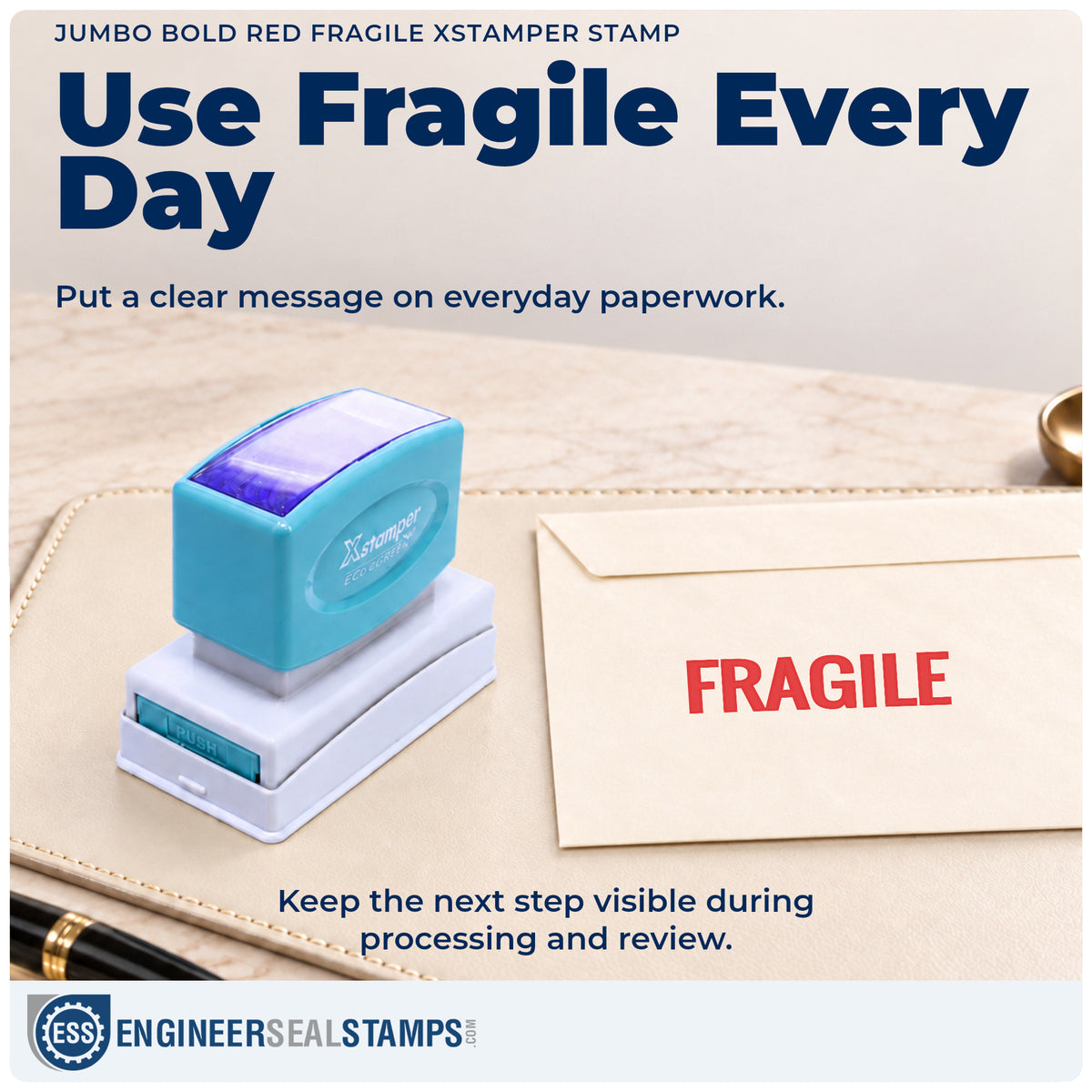 "Fragile" stamp being pressed onto a document during everyday filing