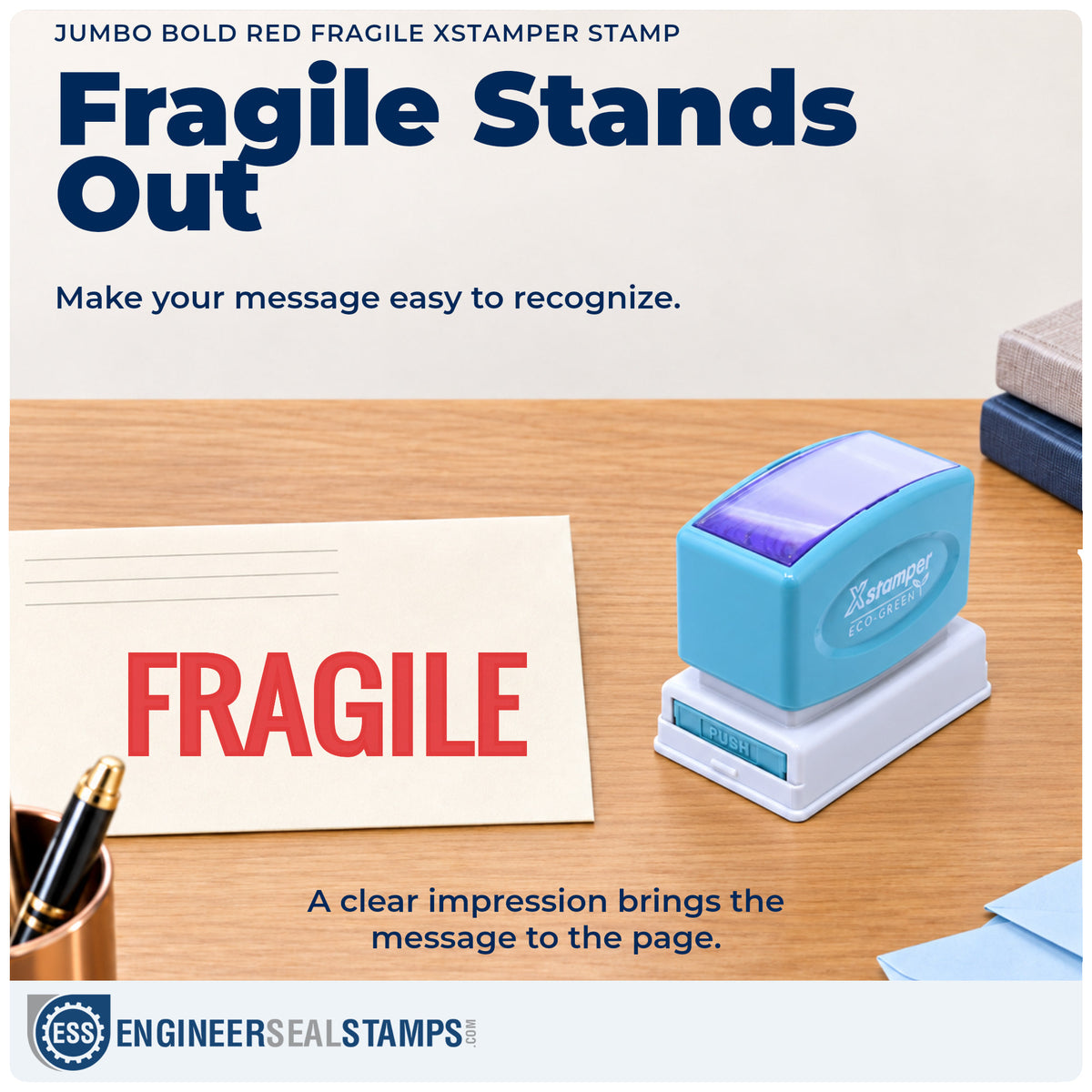 "Fragile" imprint on office paperwork beside the Jumbo Bold Red Fragile Stamp – Pre-Inked Xstamper