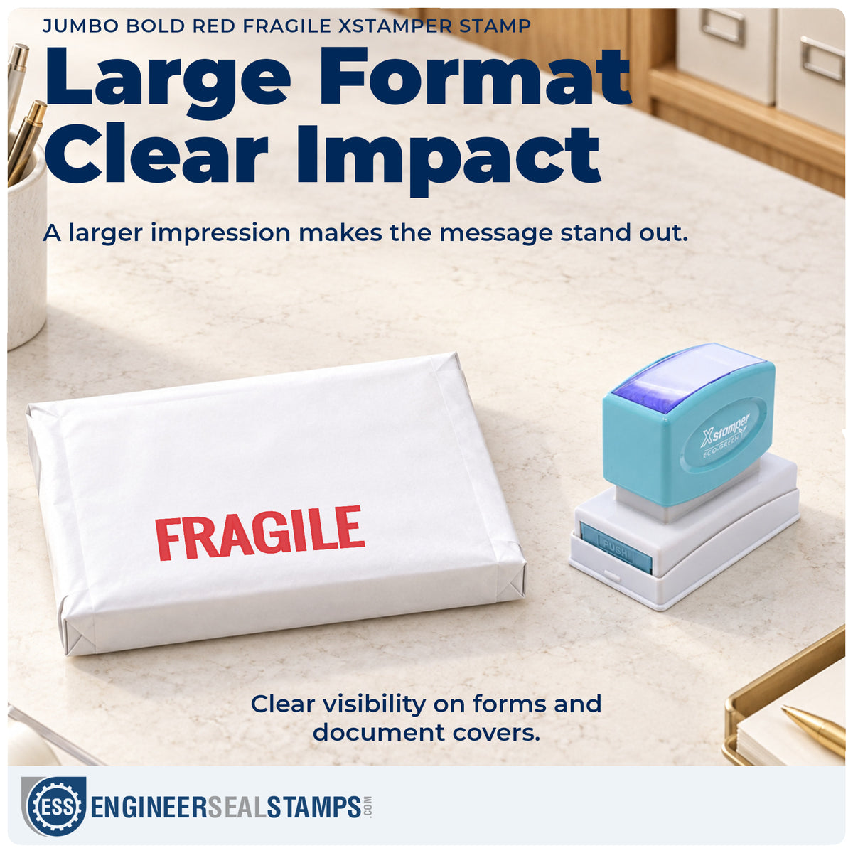 Features of the "Fragile" Xstamper No. 3202 pre-inked stamp