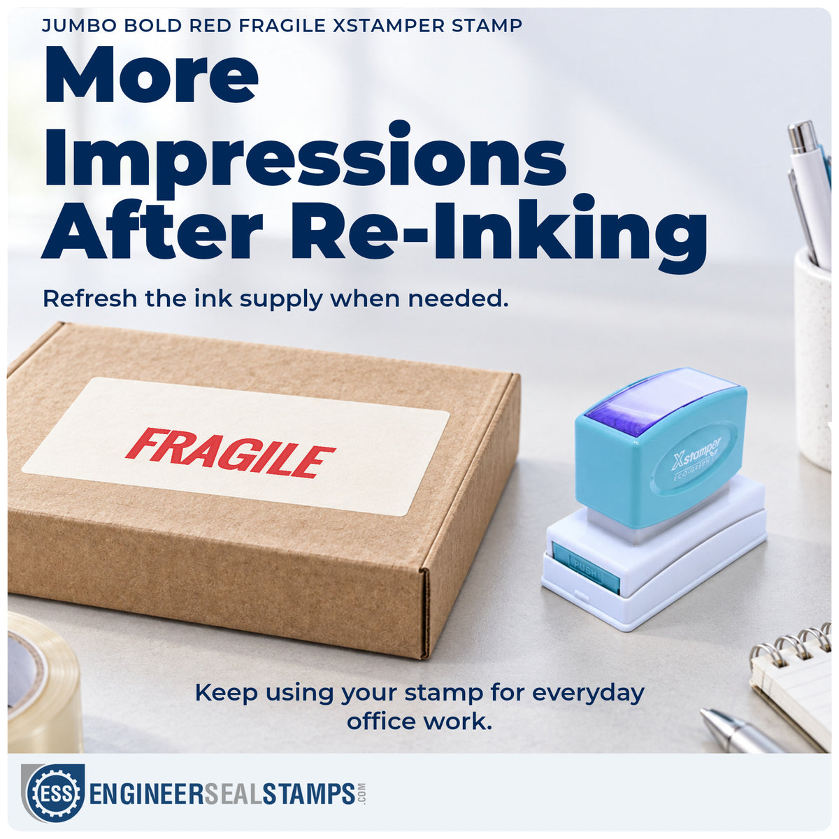 Re-inkable "Fragile" stamp built for thousands of repeat impressions