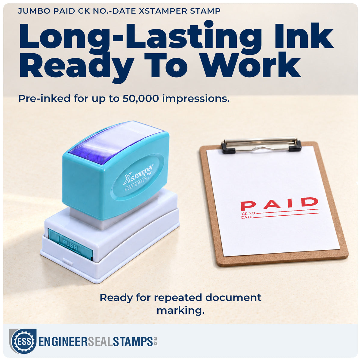 Re-inkable "Paid CK No.-Date" stamp built for thousands of repeat impressions