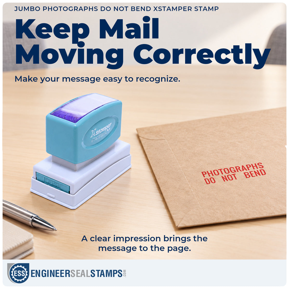 "Photographs do not bend" imprint on office paperwork beside the Xstamper Photographs Do Not Bend Stamp – Jumbo Pre-Inked