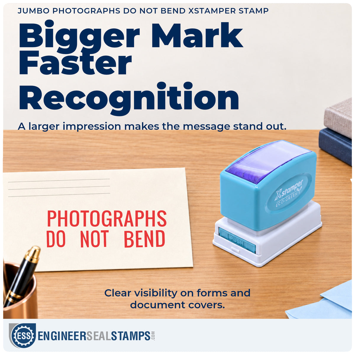 Features of the "Photographs do not bend" Xstamper No. 3242 pre-inked stamp