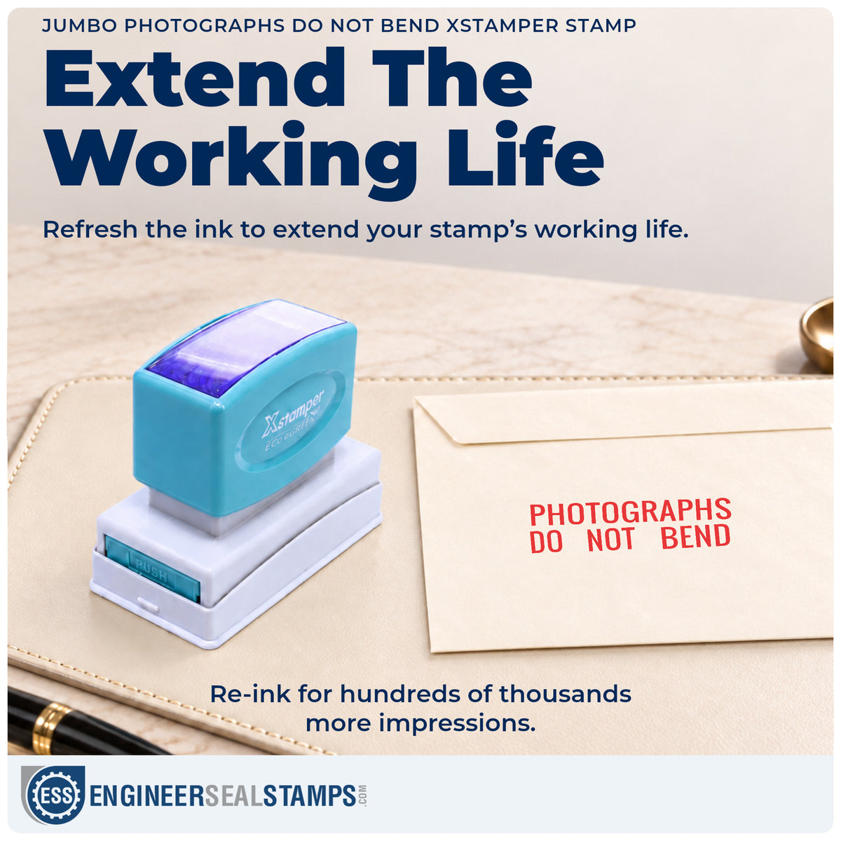 Re-inkable "Photographs do not bend" stamp built for thousands of repeat impressions