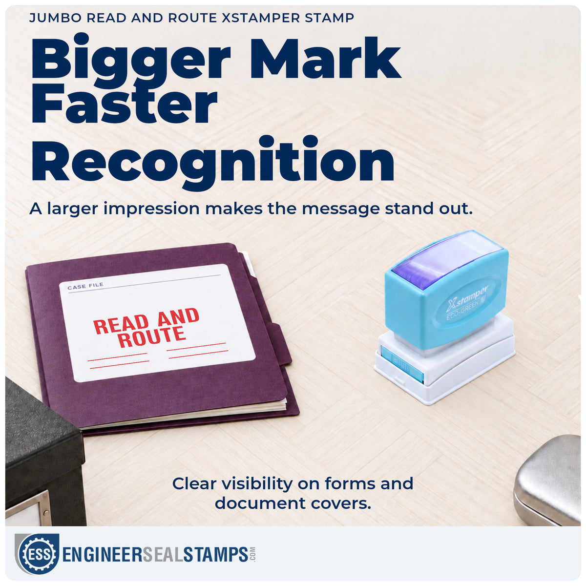 Features of the "Read and route" Xstamper No. 3250 pre-inked stamp