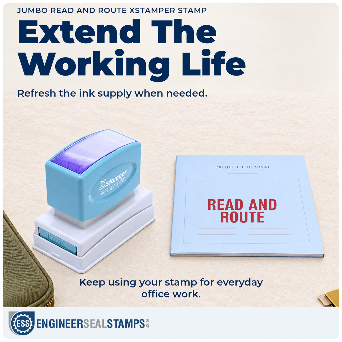 Re-inkable "Read and route" stamp built for thousands of repeat impressions
