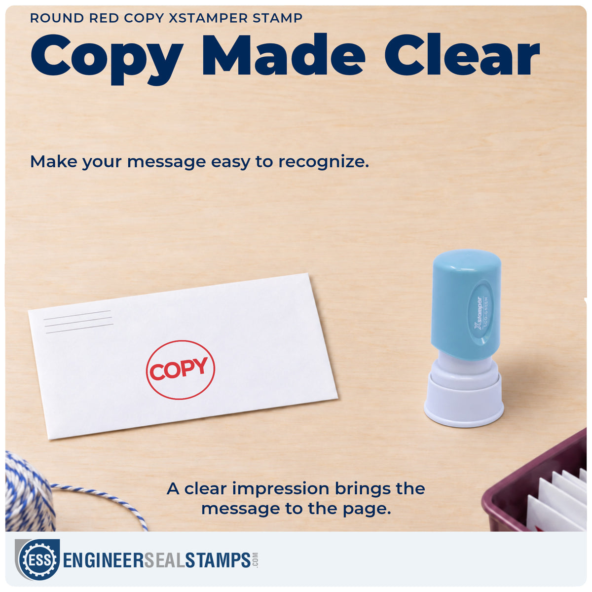 "Copy" imprint on office paperwork beside the Round Red Copy Office Stamp – Pre-Inked Xstamper