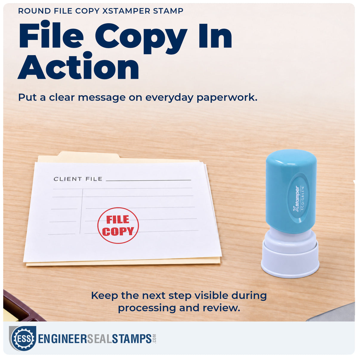 "File copy" stamp being pressed onto a document during everyday filing