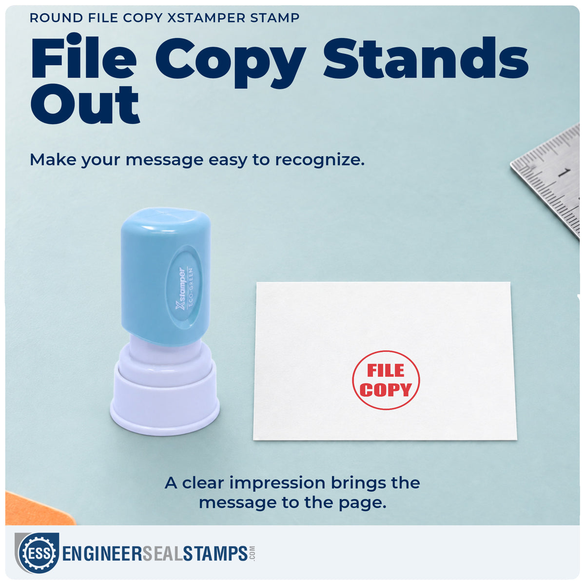 "File copy" imprint on office paperwork beside the Xstamper File Copy Office Stamp – Round Pre-Inked