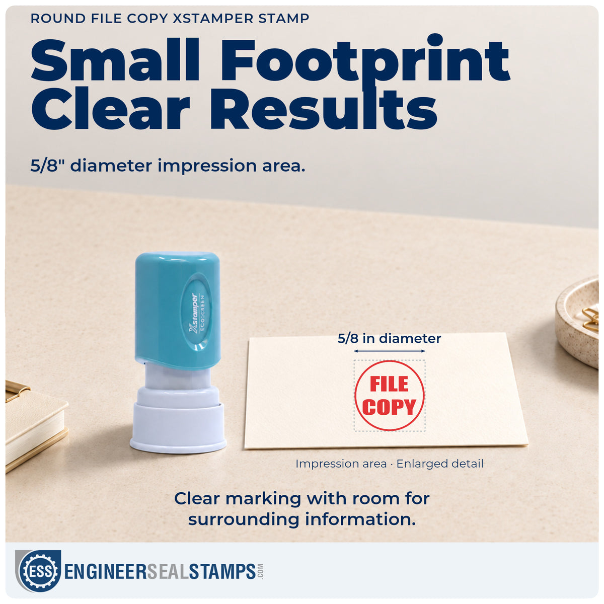 Impression size guide: the "File copy" imprint measures 5/8 in diameter