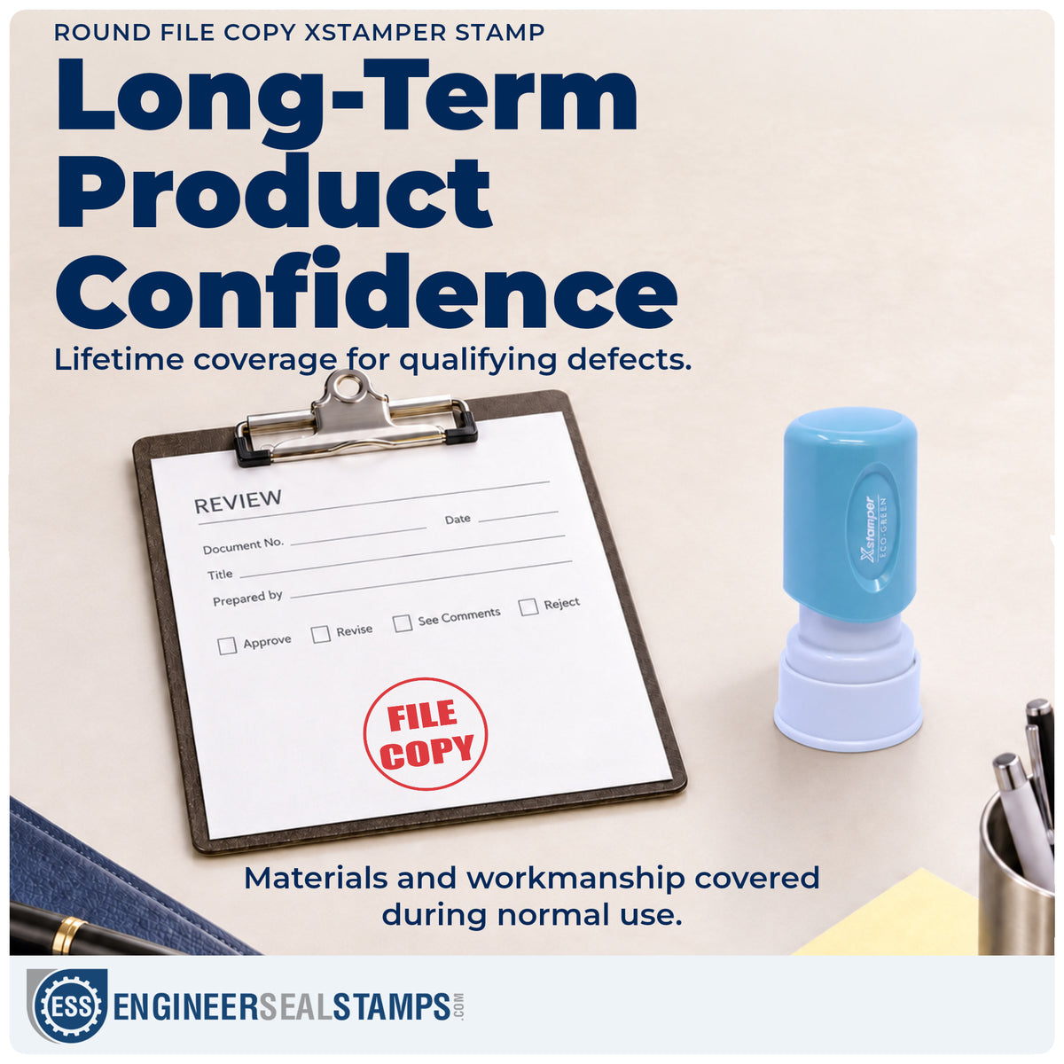 Lifetime guarantee coverage on the "File copy" Xstamper pre-inked stamp