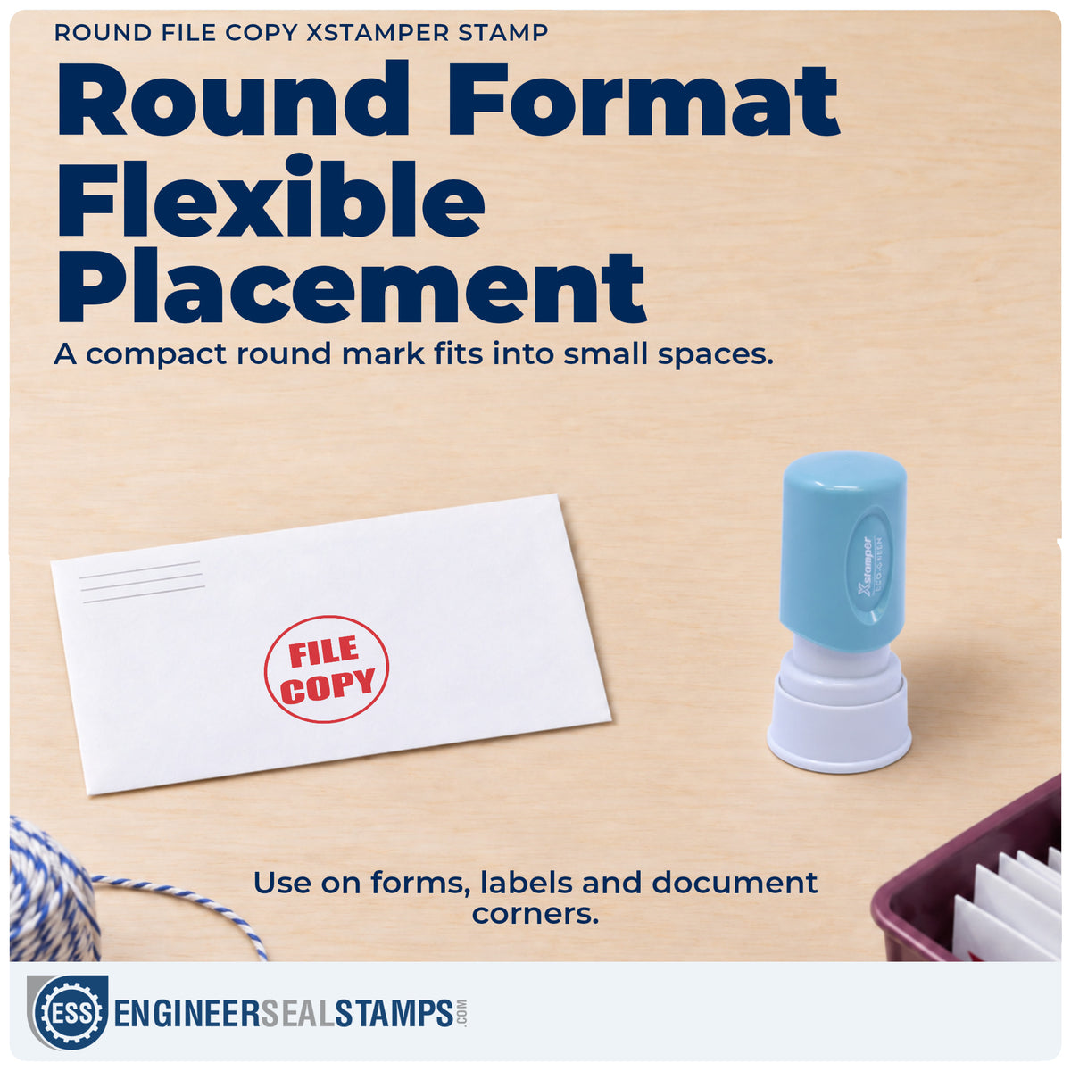 Features of the "File copy" Xstamper No. 11411 pre-inked stamp