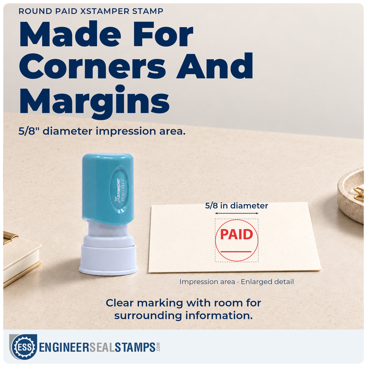 Impression size guide: the "Paid" imprint measures Approximately 5/8 in diameter