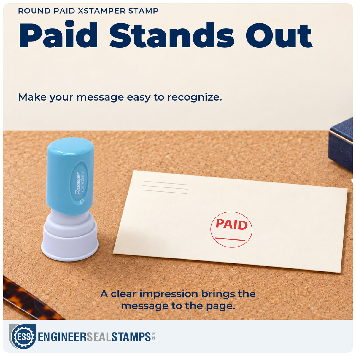 "Paid" imprint on office paperwork beside the Round Paid Stamp – Pre-Inked Xstamper