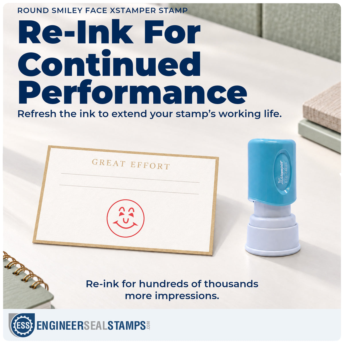 Re-inkable "Smiley face" stamp built for thousands of repeat impressions