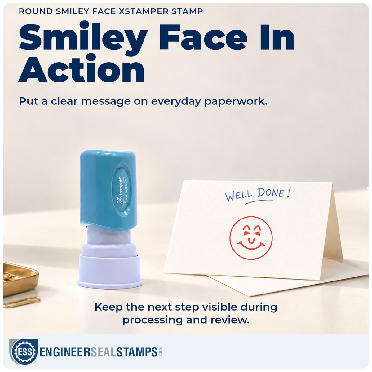 "Smiley face" stamp being pressed onto a document during everyday filing