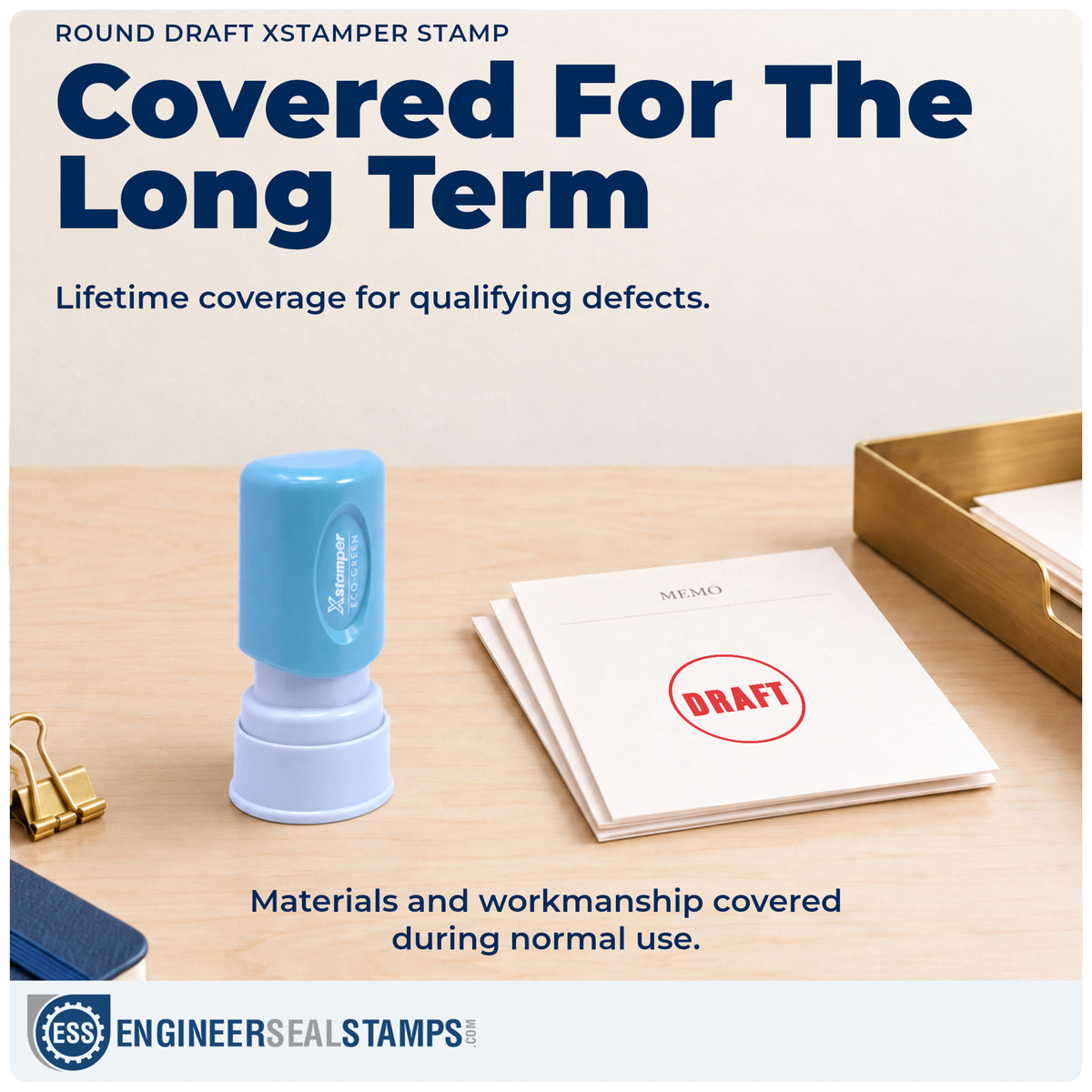 Lifetime guarantee coverage on the "Draft" Xstamper pre-inked stamp