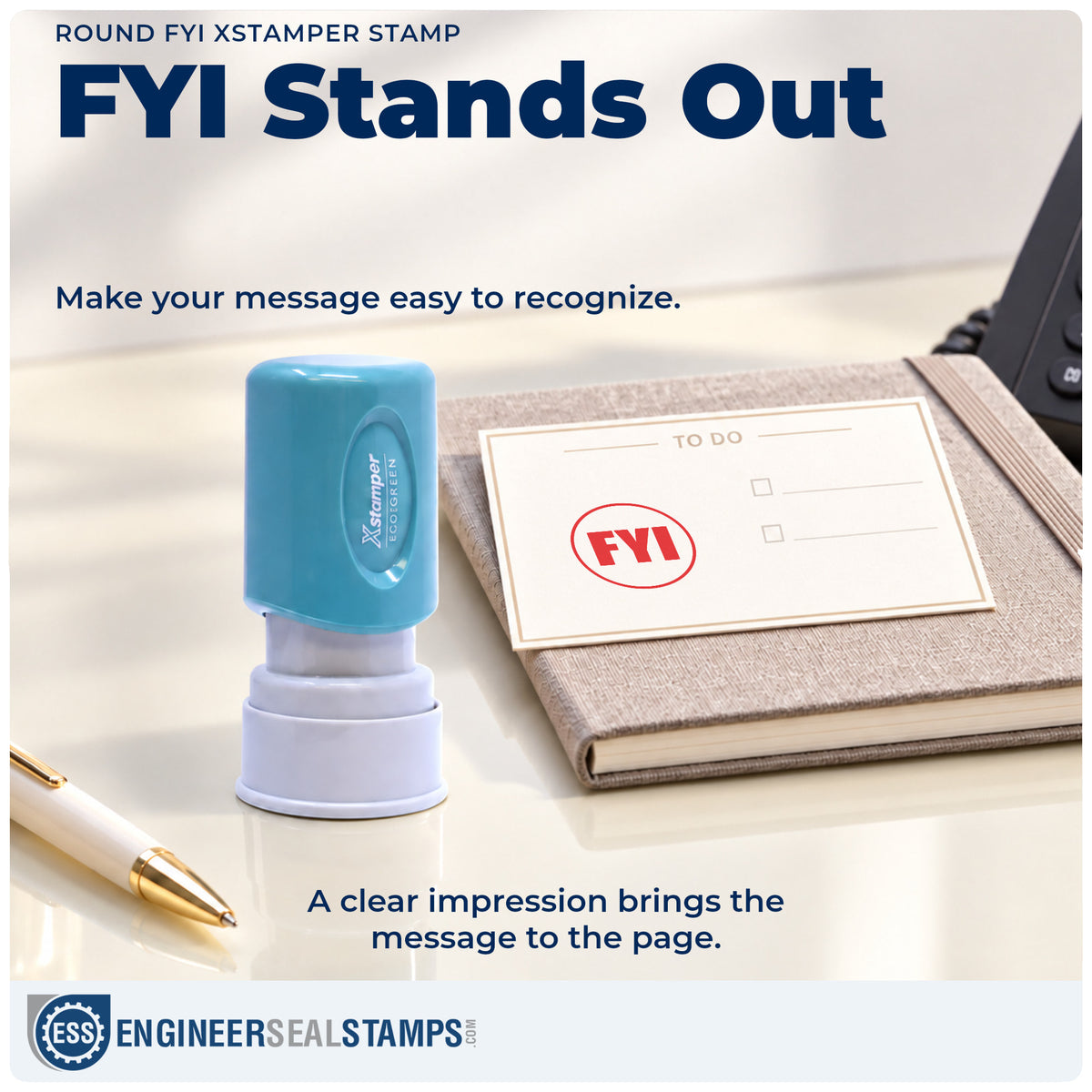 "FYI" imprint on office paperwork beside the Round FYI Stamp – Pre-Inked Xstamper