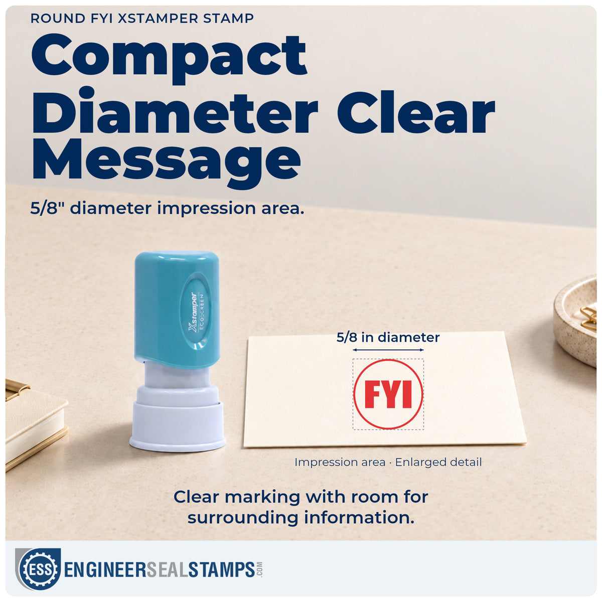 Impression size guide: the "FYI" imprint measures 5/8 in diameter
