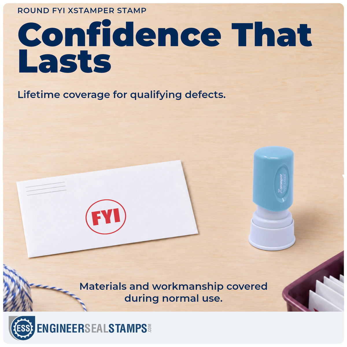Lifetime guarantee coverage on the "FYI" Xstamper pre-inked stamp