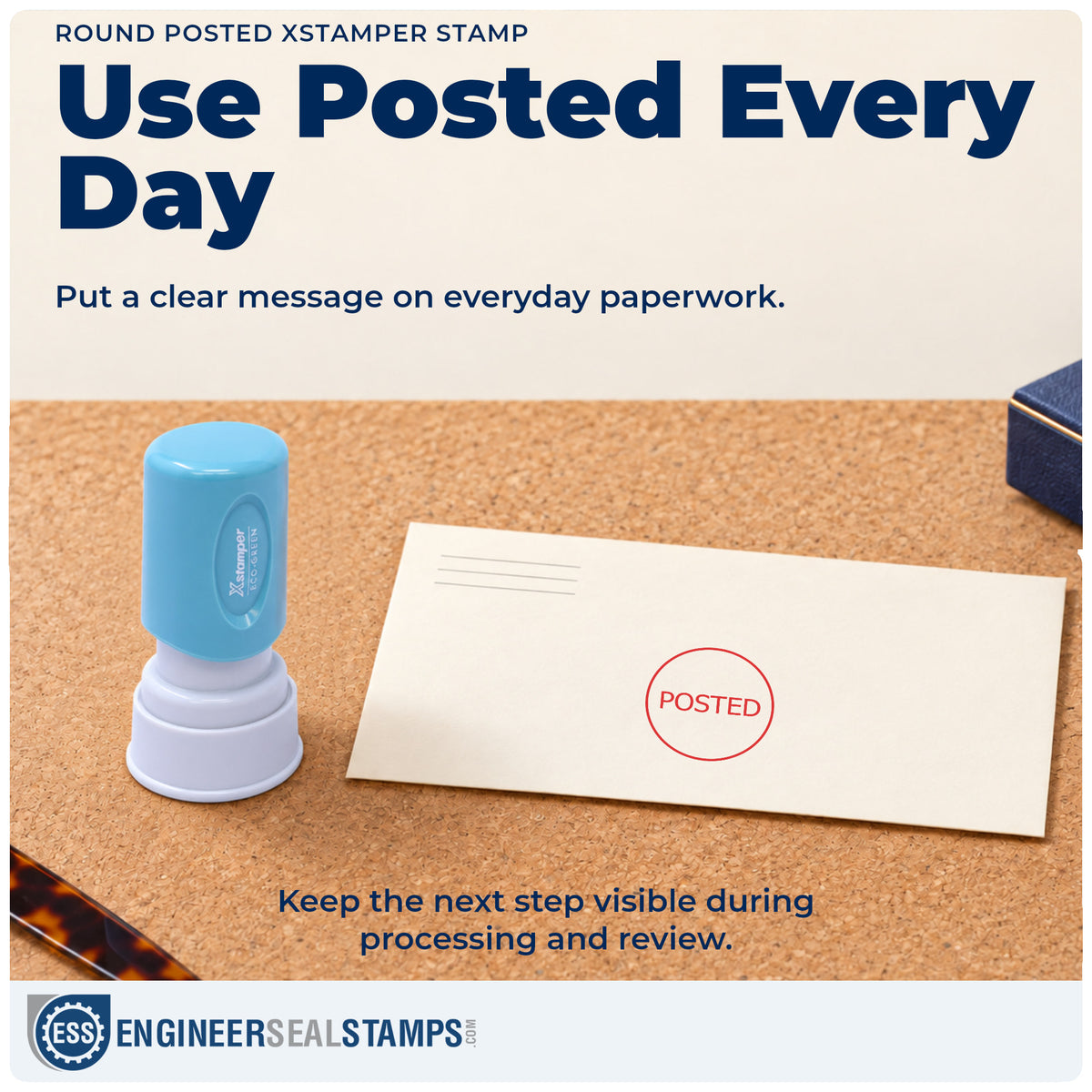 "Posted" stamp being pressed onto a document during everyday filing