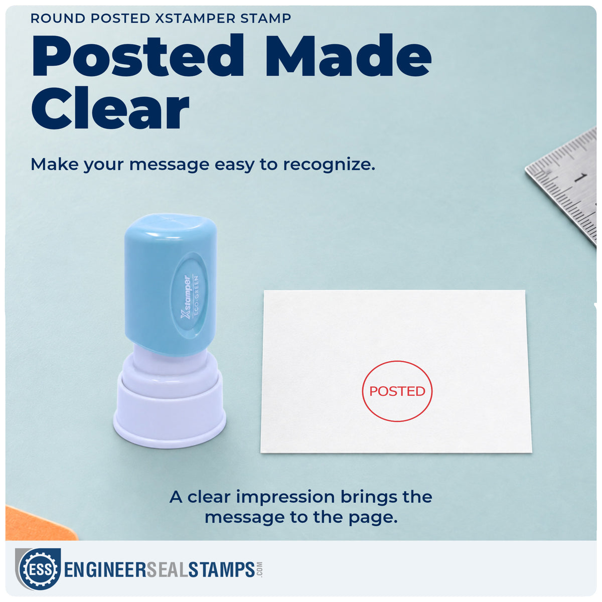 "Posted" imprint on office paperwork beside the Round Posted Stamp – Pre-Inked Xstamper