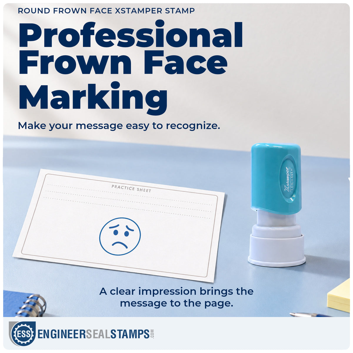 "Frown face" imprint on office paperwork beside the Xstamper Frown Face Teacher Stamp – Round Pre-Inked