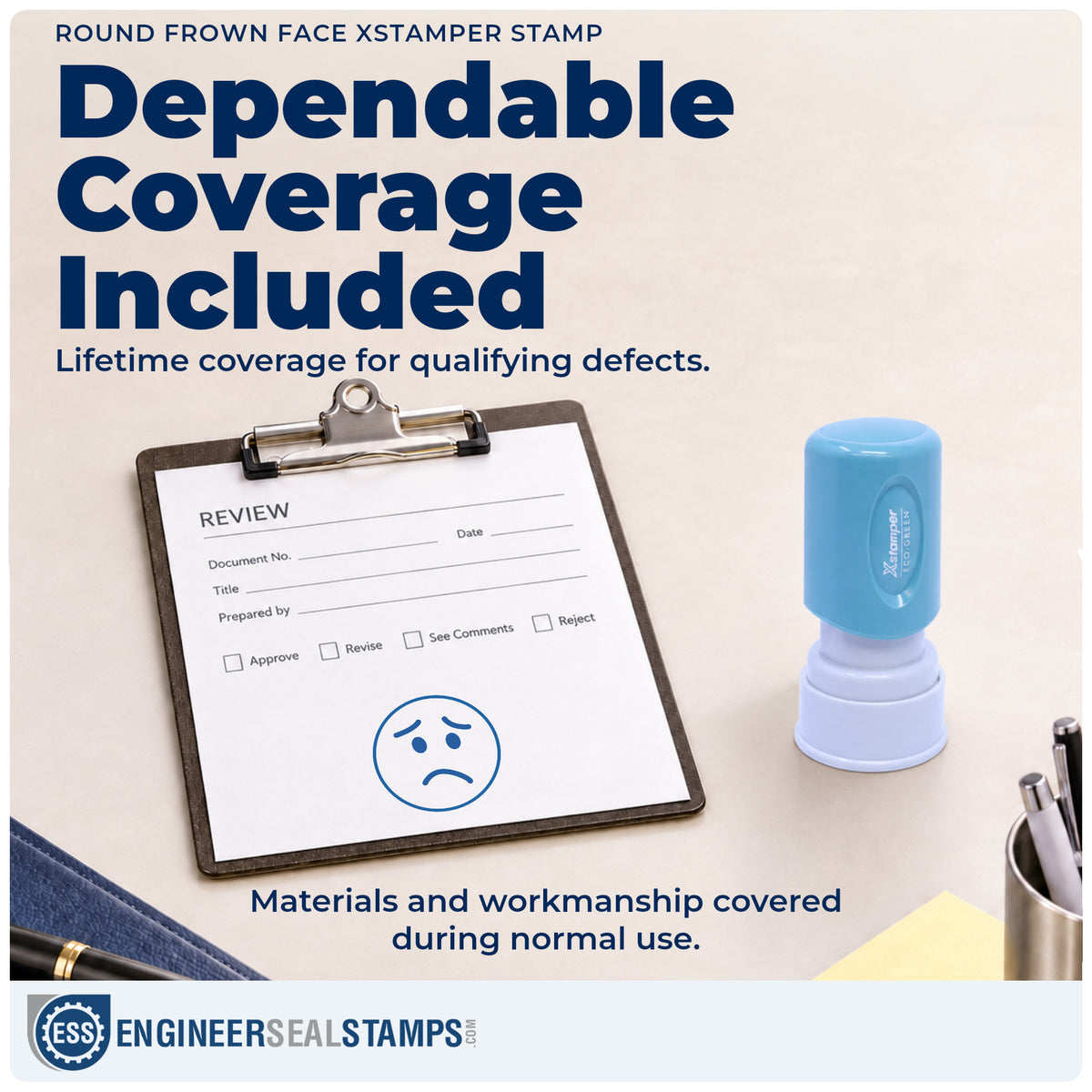 Lifetime guarantee coverage on the "Frown face" Xstamper pre-inked stamp