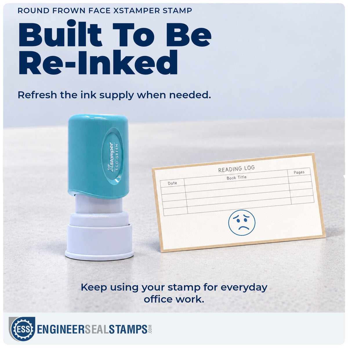 Re-inkable "Frown face" stamp built for thousands of repeat impressions