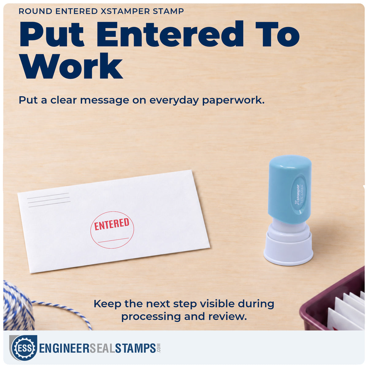 "Entered" stamp being pressed onto a document during everyday filing