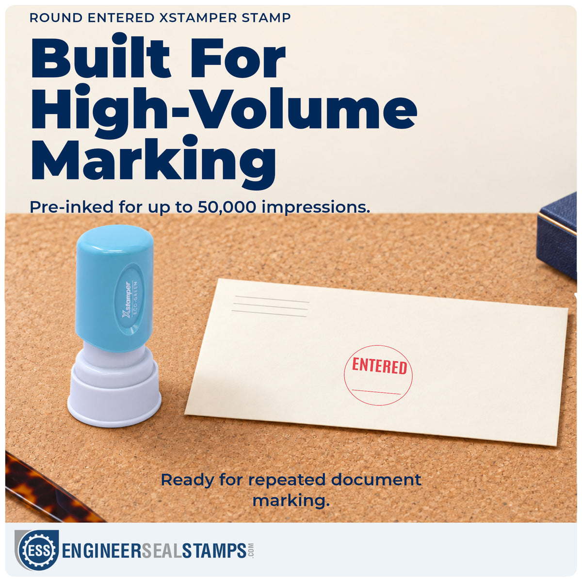 Re-inkable "Entered" stamp built for thousands of repeat impressions